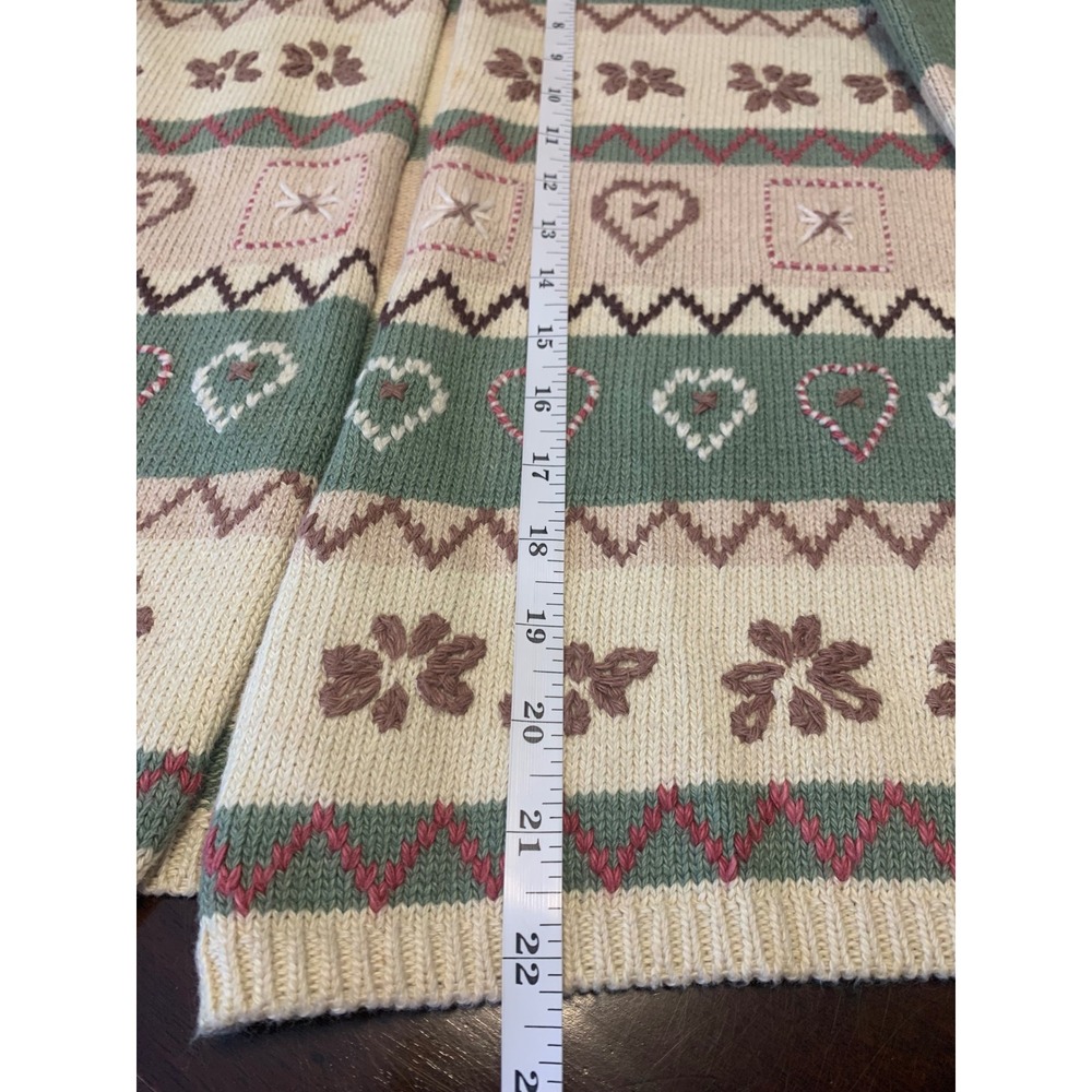 Vintage April Cornell Embroidered Striped Heart Cardigan Sweater Green Tan M/L - Picture 6 of 9